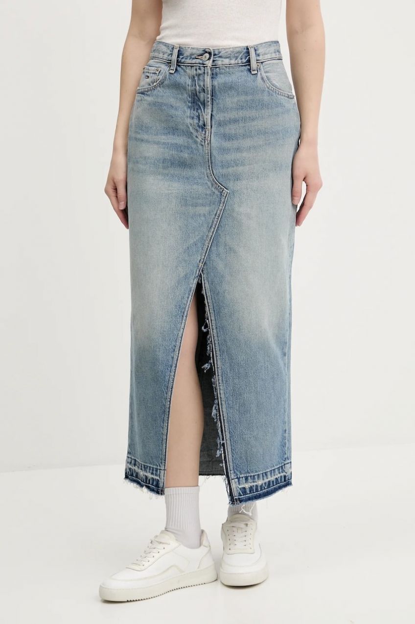 Rifľová sukňa Tommy Jeans maxi, rovný strih, DW0DW21193
