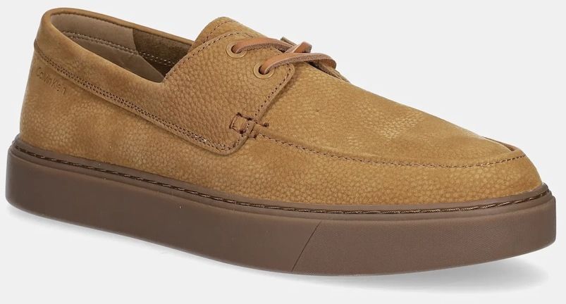 Nubukové mokasíny Calvin Klein HYBRID LACE UP BOAT NU hnedá farba, HM0HM01892