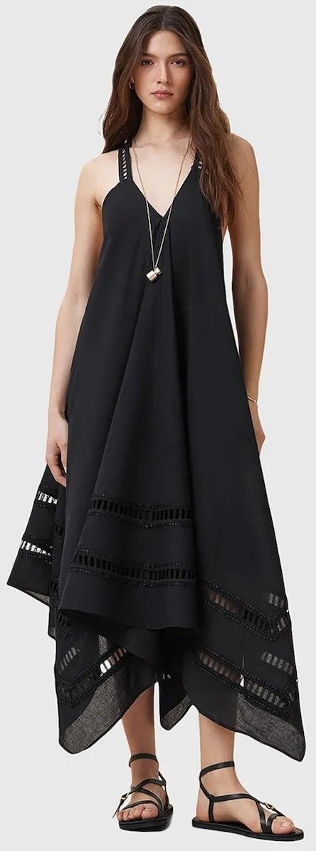 Bavlnené šaty AllSaints LIL čierna farba, midi, áčkový strih, W247DC