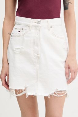 Rifľová sukňa Tommy Jeans béžová farba, mini, rovný strih, DW0DW21068