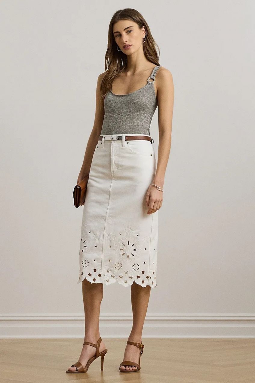 Rifľová sukňa Lauren Ralph Lauren biela farba, midi, rovný strih, 200978819