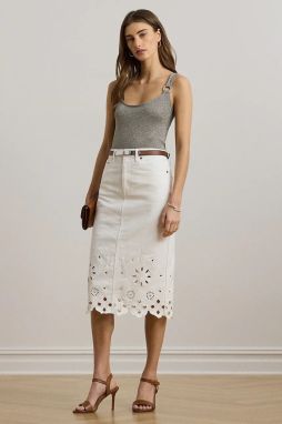 Rifľová sukňa Lauren Ralph Lauren biela farba, midi, rovný strih, 200978819