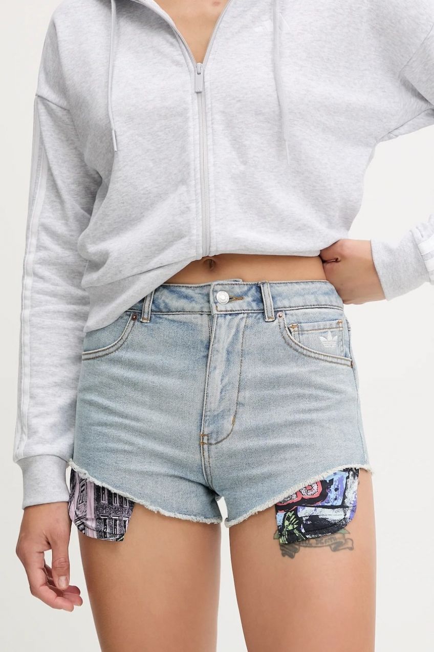 Rifľové krátke nohavice adidas Originals Pride x Jeremy Scott jednofarebná, vysoký pás, JW0831