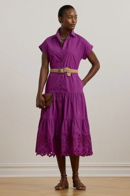 Bavlnené šaty Lauren Ralph Lauren fialová farba, midi, áčkový strih, 200970821