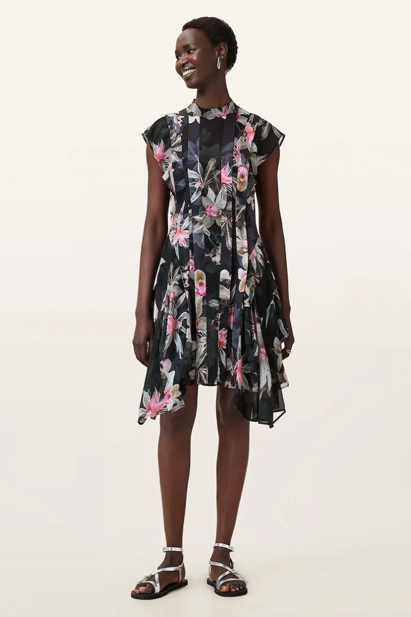 Šaty AllSaints FLEUR čierna farba, mini, áčkový strih, W370DC