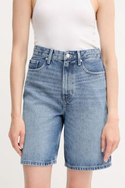 Rifľové krátke nohavice Tommy Hilfiger modrá farba, jednofarebné, vysoký pás, WW0WW47215