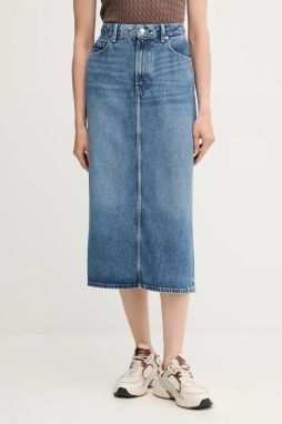 Rifľová sukňa Tommy Hilfiger modrá farba, midi, rovný strih, WW0WW46503