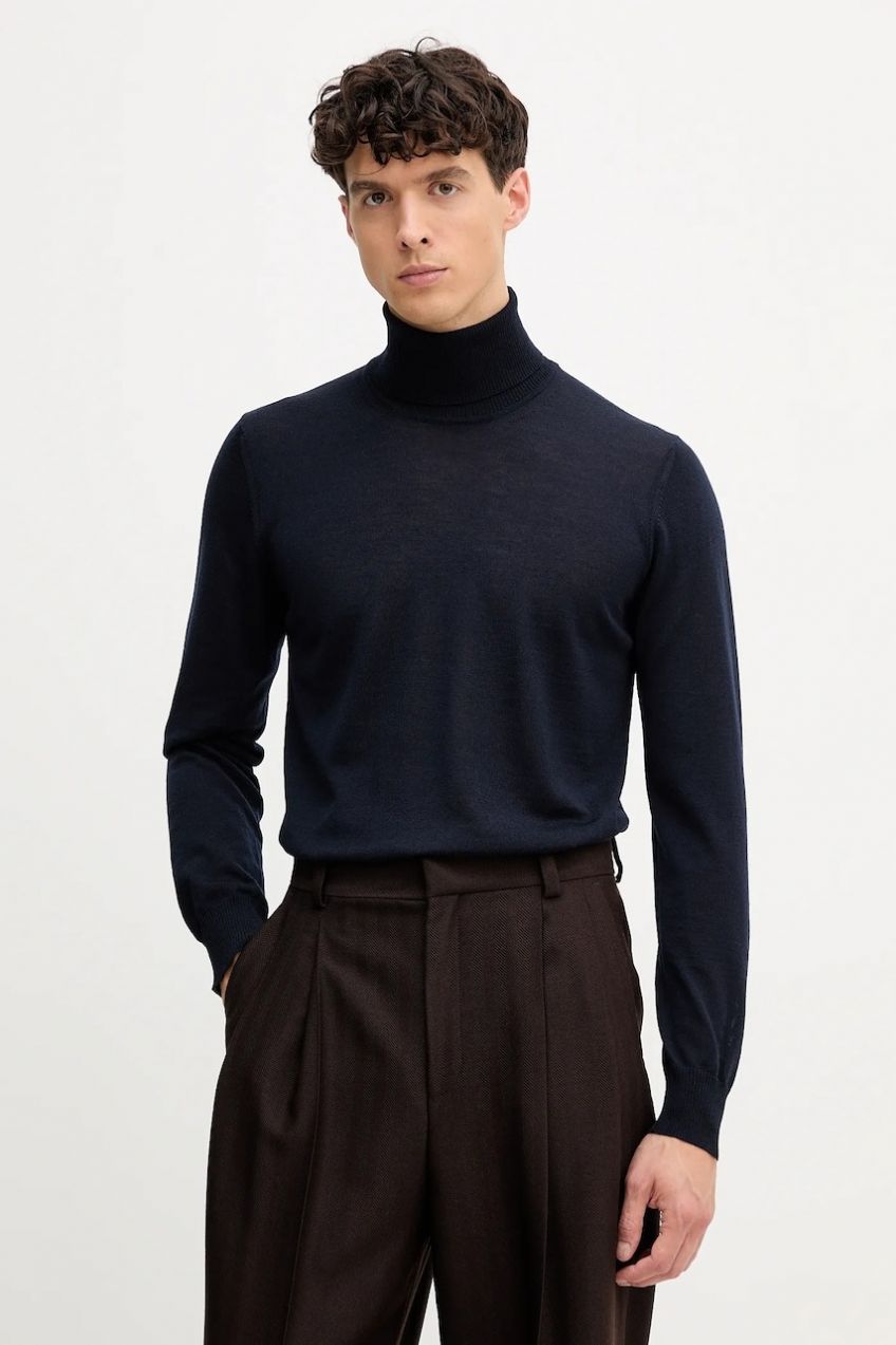 Vlnený sveter Emporio Armani tmavomodrá farba, ľahký, s rolákom, 8N1M43 1M67Z
