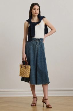 Bavlnená rifľová sukňa Lauren Ralph Lauren modrá farba, midi, áčkový strih, 200971265