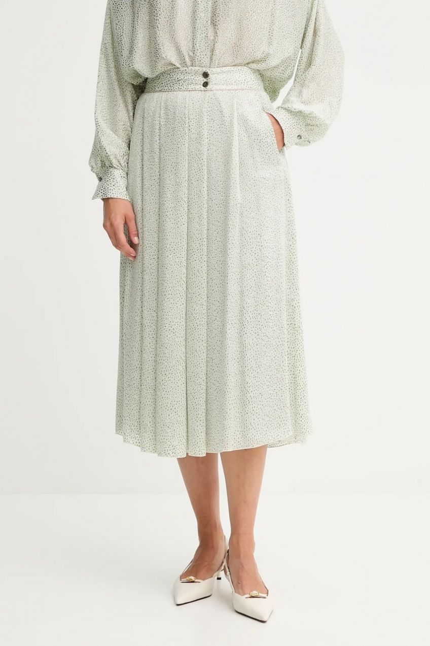 Sukňa s prímesou hodvábu Forte Forte zelená farba, midi, áčkový strih, 14125.my.skirt