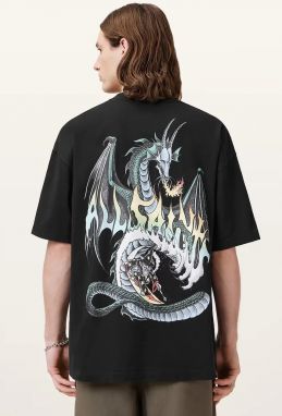 Bavlnené tričko AllSaints DRAGON pánske, čierna farba, s potlačou, M036PC