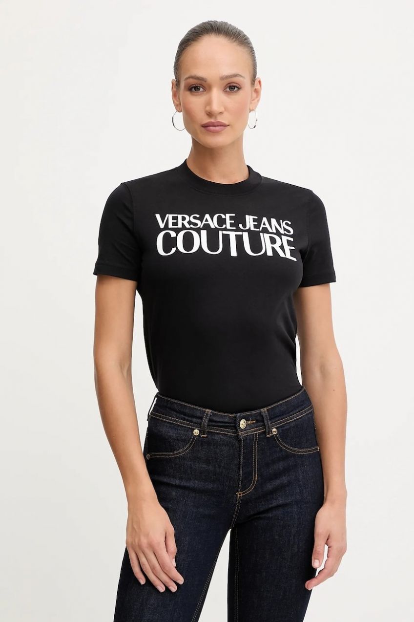 Bavlnené tričko Versace Jeans Couture dámske, čierna farba, 79HAHE05 CJ00E