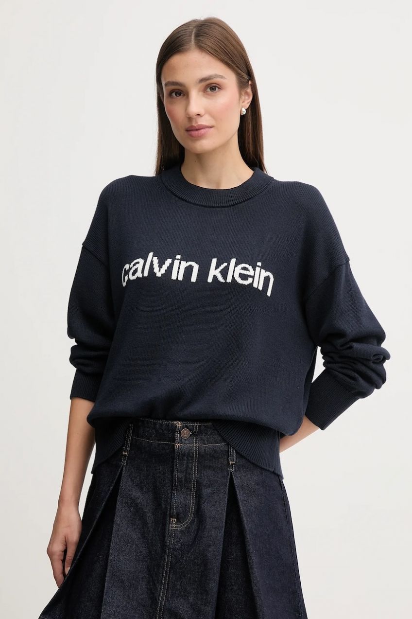 Bavlnený sveter Calvin Klein Jeans tmavomodrá farba, ľahký, LV047C311G