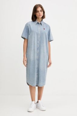 Rifľové šaty Tommy Jeans modrá farba, mini, áčkový strih, DW0DW21205