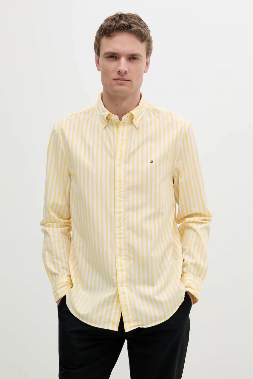 Bavlnená košeľa Tommy Hilfiger pánska, žltá farba, slim, s golierom button-down, MW0MW39159