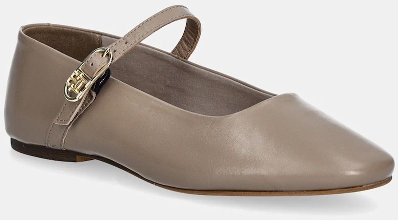Kožené balerínky Tommy Hilfiger LEATHER MARYJANE BALLERINA béžová farba, FW0FW08651