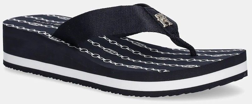 Šľapky Tommy Hilfiger IM TH CHAINPRINT MIDWEDGE SANDAL dámske, tmavomodrá farba, na kline, FW0FW08527