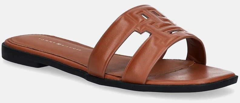 Kožené šľapky Tommy Hilfiger TH LOGO STRAP MULE dámske, hnedá farba, FW0FW08671