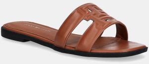 Kožené šľapky Tommy Hilfiger TH LOGO STRAP MULE dámske, hnedá farba, FW0FW08671