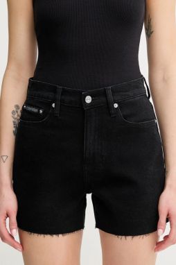 Rifľové krátke nohavice Calvin Klein Jeans čierna farba, jednofarebné, vysoký pás, J20J225154