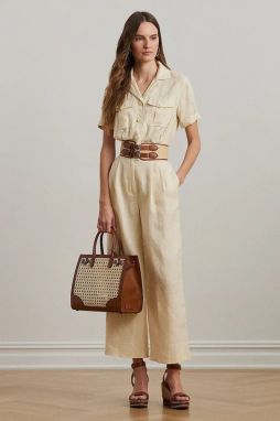 Ľanový overal Lauren Ralph Lauren béžová farba, s golierom, 200963735