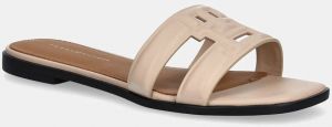 Kožené šľapky Tommy Hilfiger TH LOGO STRAP MULE dámske, béžová farba, FW0FW08671