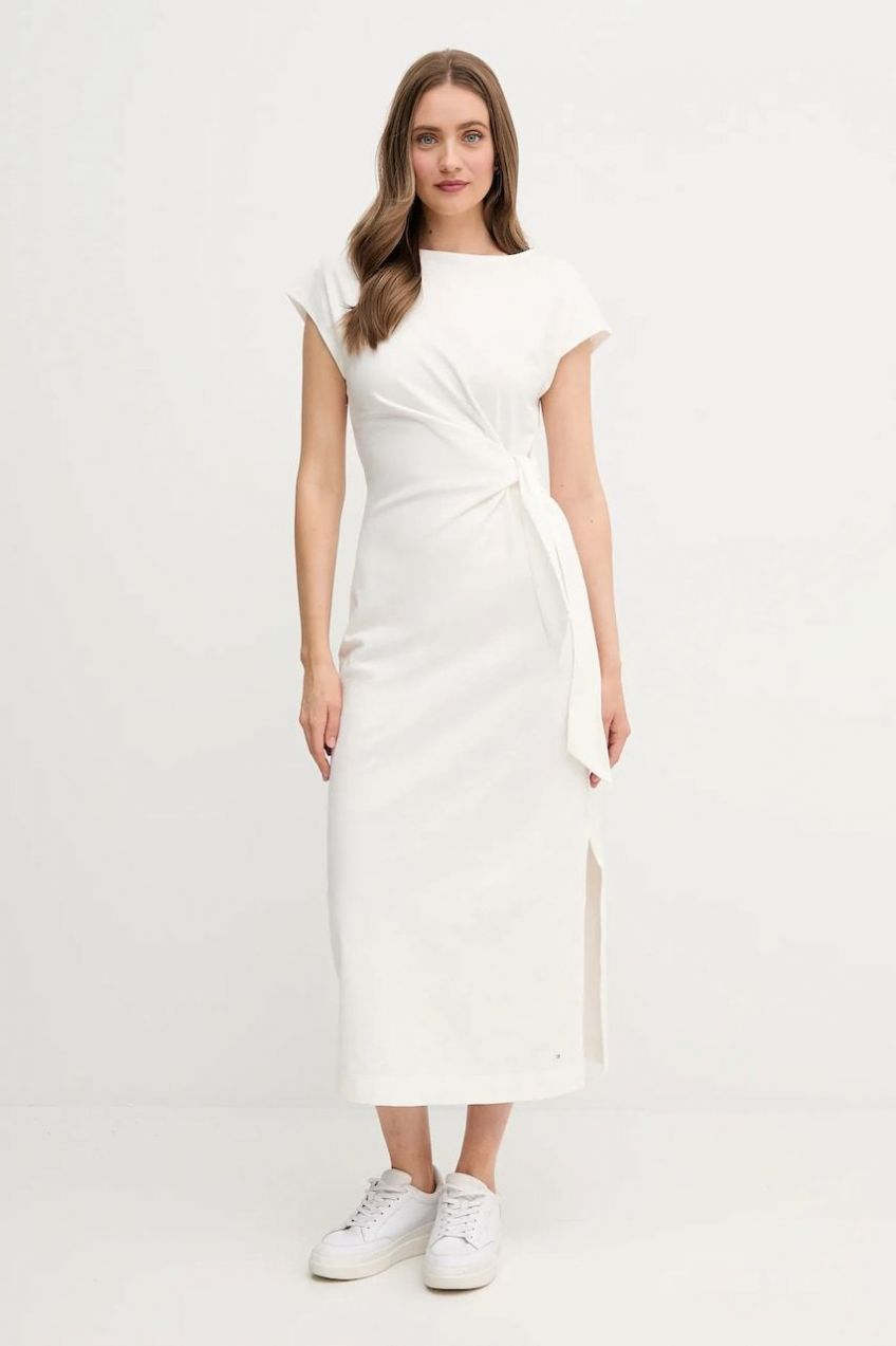 Bavlnené šaty Tommy Hilfiger béžová farba, maxi, rovný strih, WW0WW45159