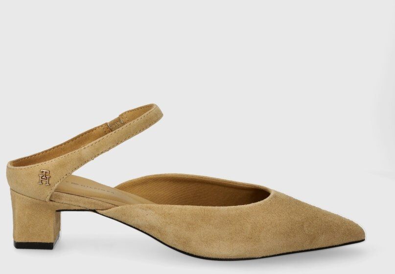 Semišové lodičky Tommy Hilfiger TH POINTY MID HEEL LEATHER MULE béžová farba, na podpätku, s otvorenou pätou, FW0FW07718