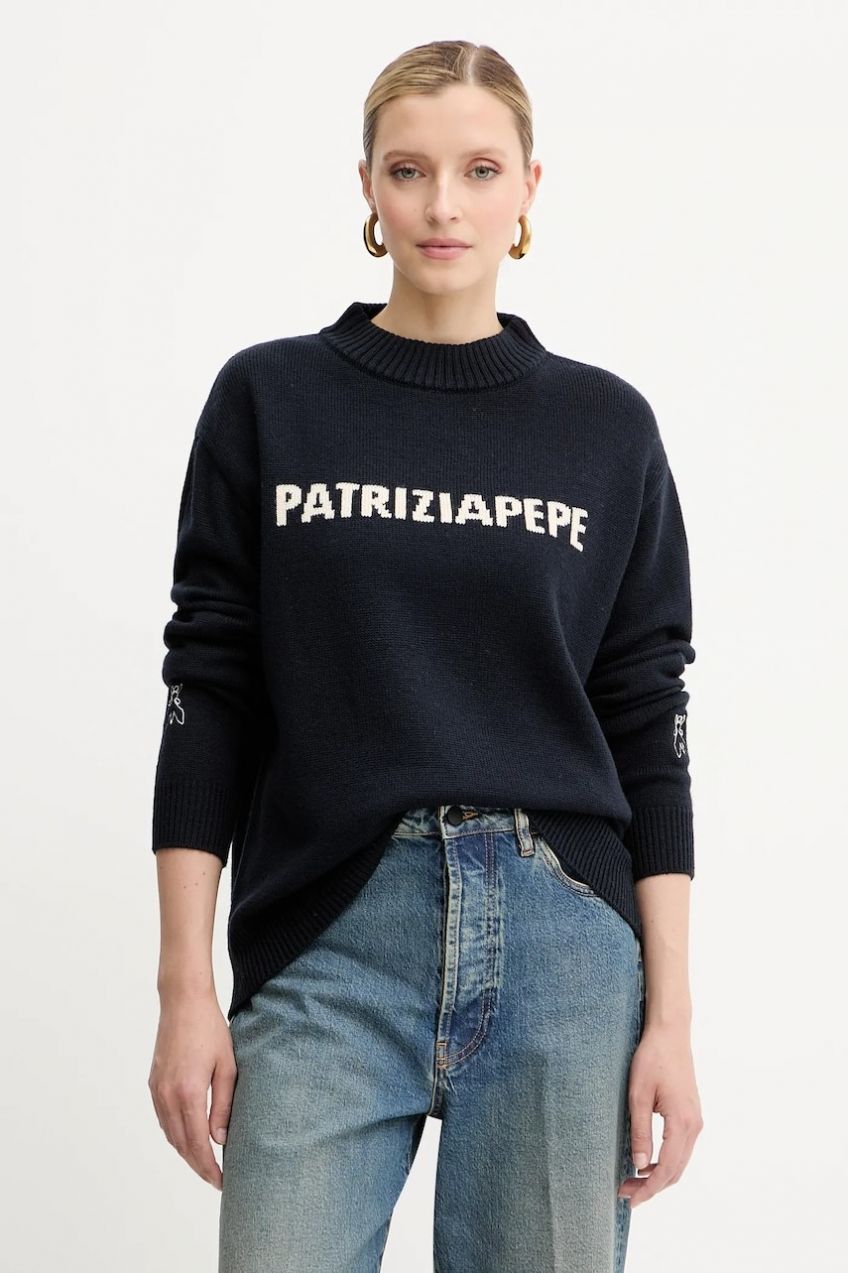 Vlnený sveter Patrizia Pepe tmavomodrá farba, s polorolákom, 8K0335 K282