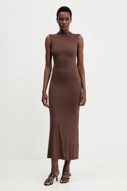 Šaty Bardot hnedá farba, maxi, priliehavé, 59948DB