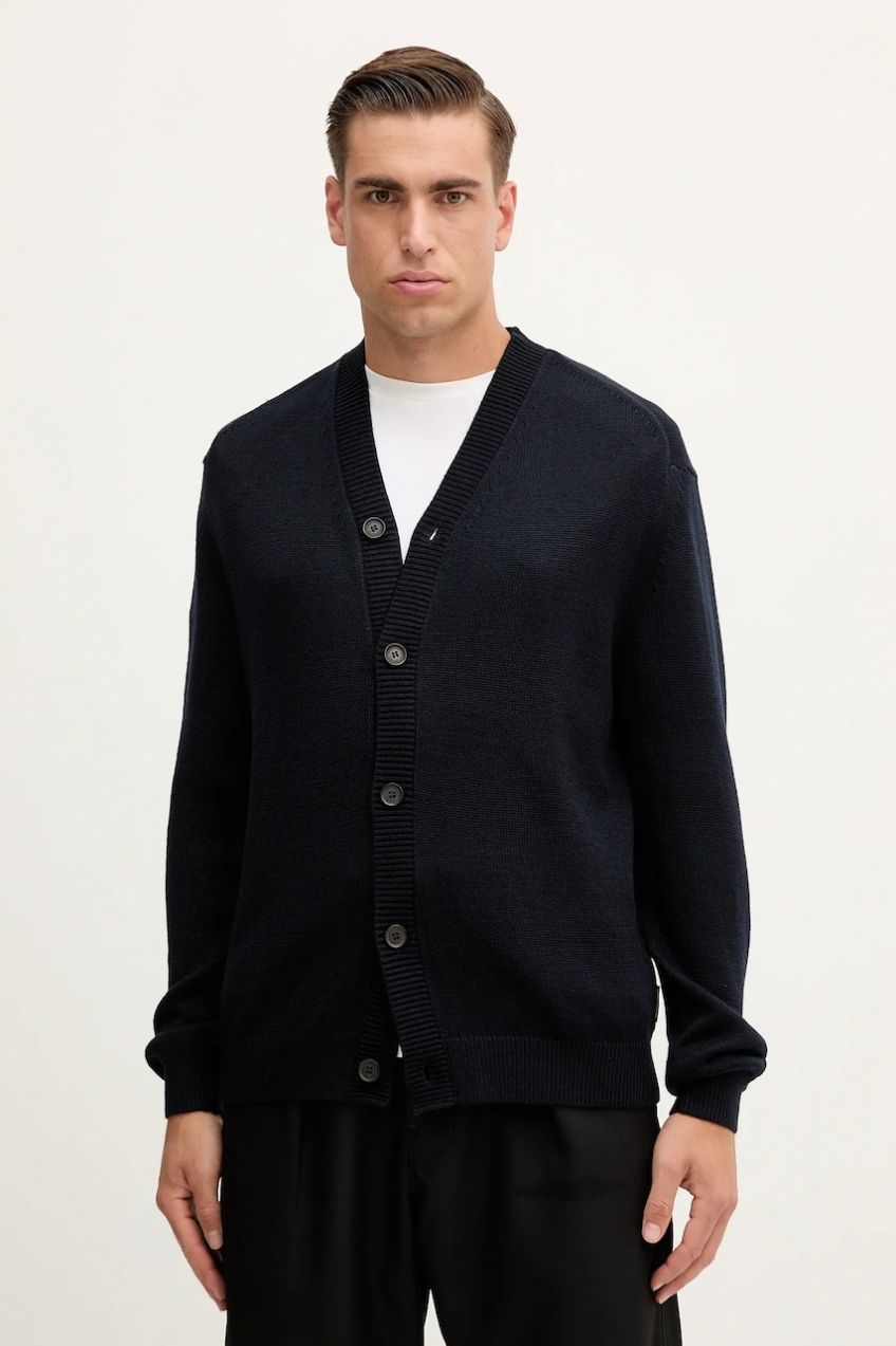 Kardigán s prímesou vlny Armani Exchange tmavomodrá farba, XM001914 AF14008
