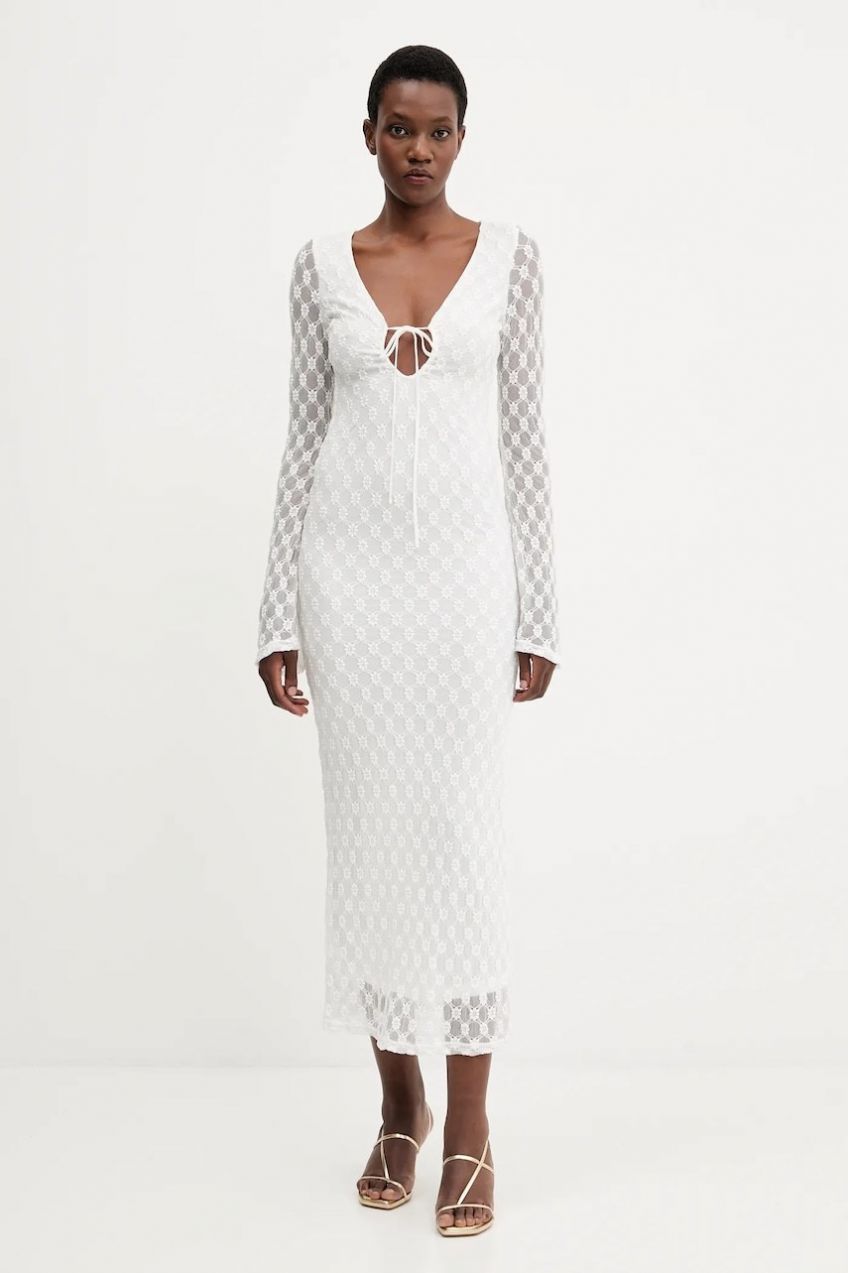 Šaty Bardot biela farba, maxi, priliehavé, 59932DB
