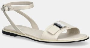 Kožené sandále Calvin Klein FLAT SANDAL W/CK HW - LTH dámske, béžová farba, HW0HW02367