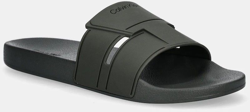 Šľapky Calvin Klein POOL SLIDE DOUBLE T zelená farba, HM0HM01752