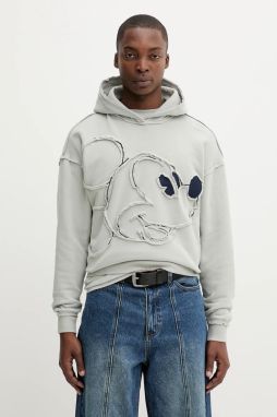 Bavlnená mikina Desigual SHEFFIELD MICKEY šedá farba, s kapucňou, vzorovaná, 25WMSK08