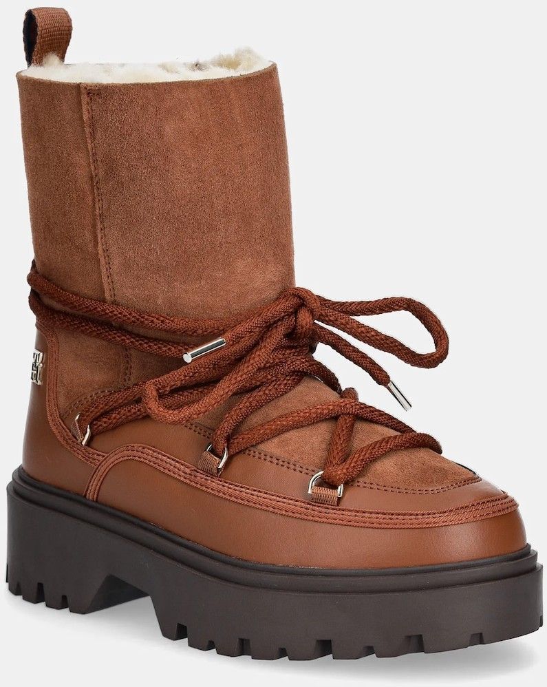 Snehule Tommy Hilfiger REAL SHEARLING LACE-UP SNOWBOOT hnedá farba, FW0FW08085