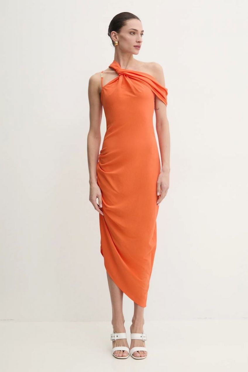Šaty s prímesou ľanu Versace Jeans Couture oranžová farba, midi, priliehavá, 78HAO903 N0432