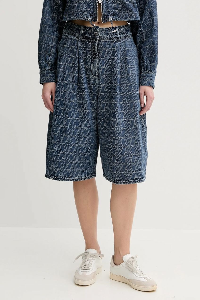 Rifľové krátke nohavice Armani Exchange tmavomodrá farba, vzorovaná, vysoký pás, XW001172 AF12844