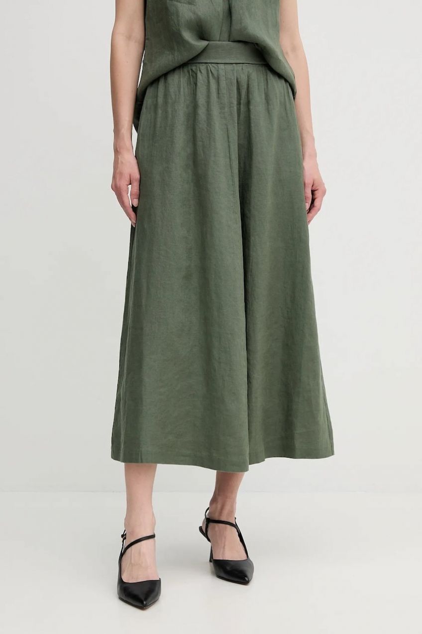 Ľanová sukňa United Colors of Benetton zelená farba, midi, áčkový strih, 4AGHD004L