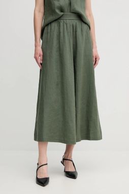 Ľanová sukňa United Colors of Benetton zelená farba, midi, áčkový strih, 4AGHD004L