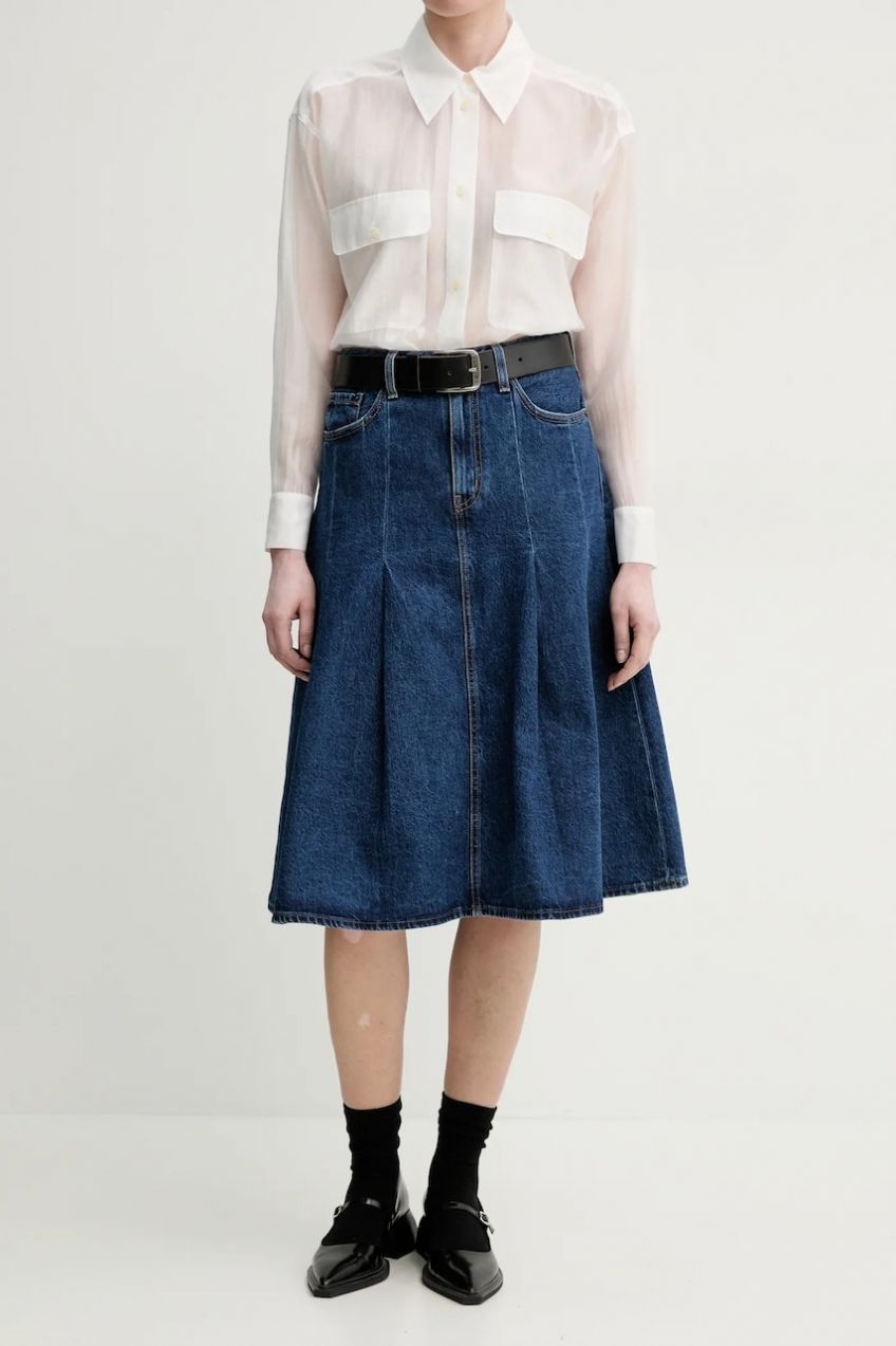 Rifľová sukňa Levi's PLEATED MIDI SKIRT tmavomodrá farba, midi, áčkový strih, 001VN