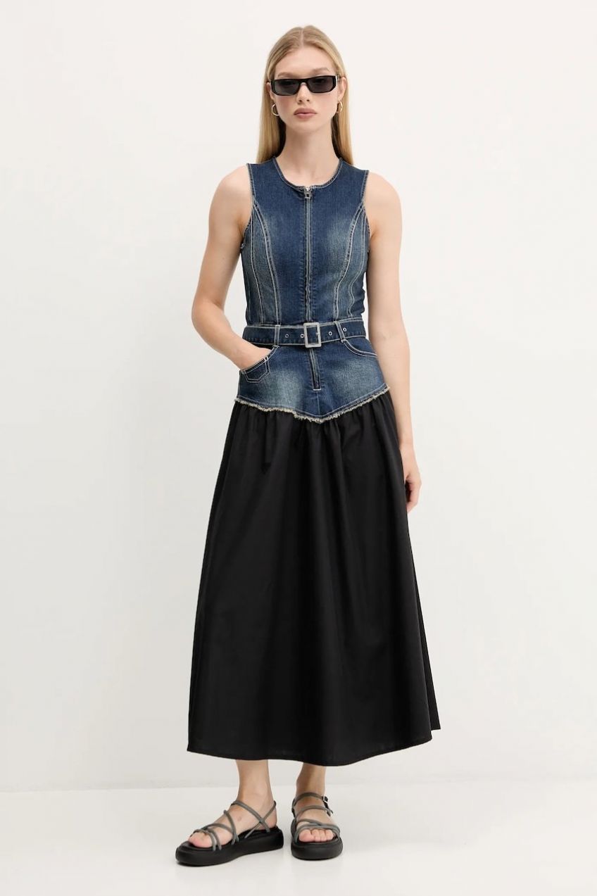 Šaty Desigual POPLIN tmavomodrá farba, midi, áčkový strih, 25WWVD03