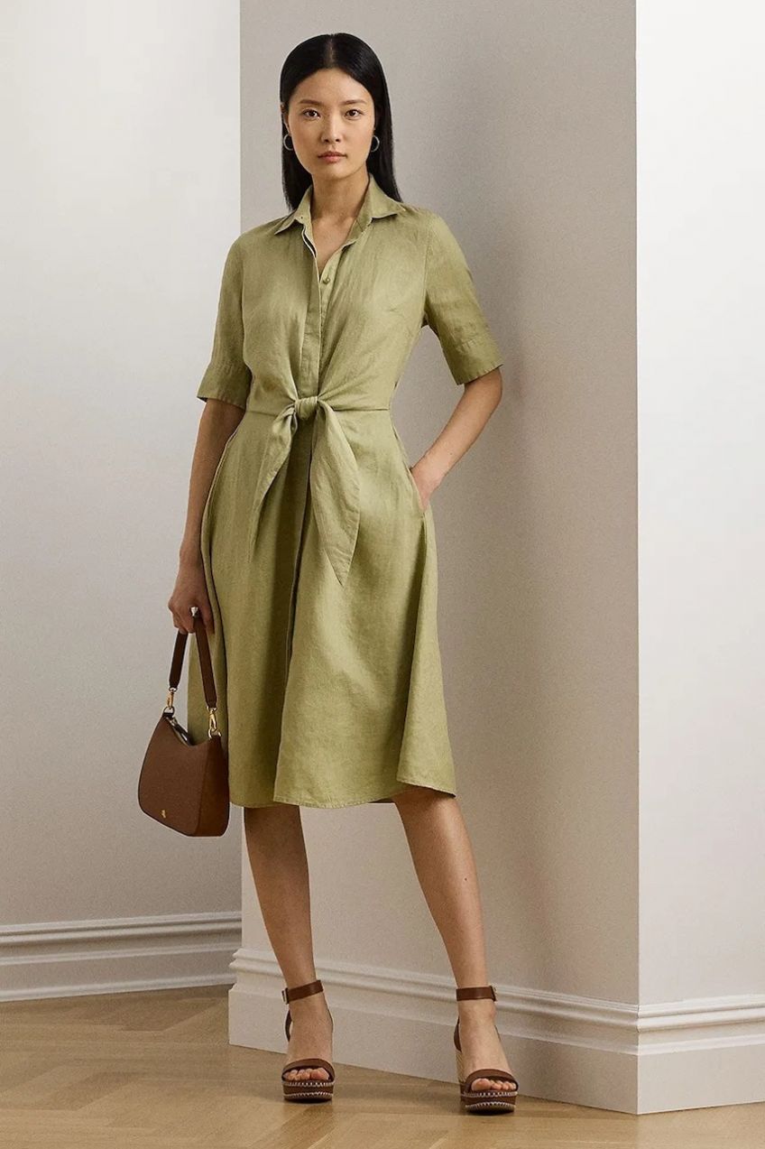 Ľanové šaty Lauren Ralph Lauren zelená farba, midi, áčkový strih, 200905667