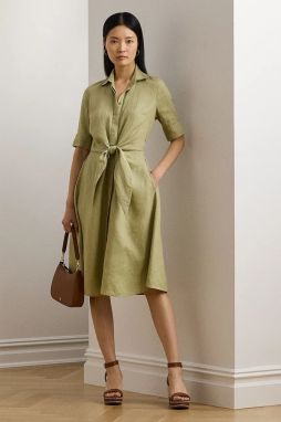 Ľanové šaty Lauren Ralph Lauren zelená farba, midi, áčkový strih, 200905667