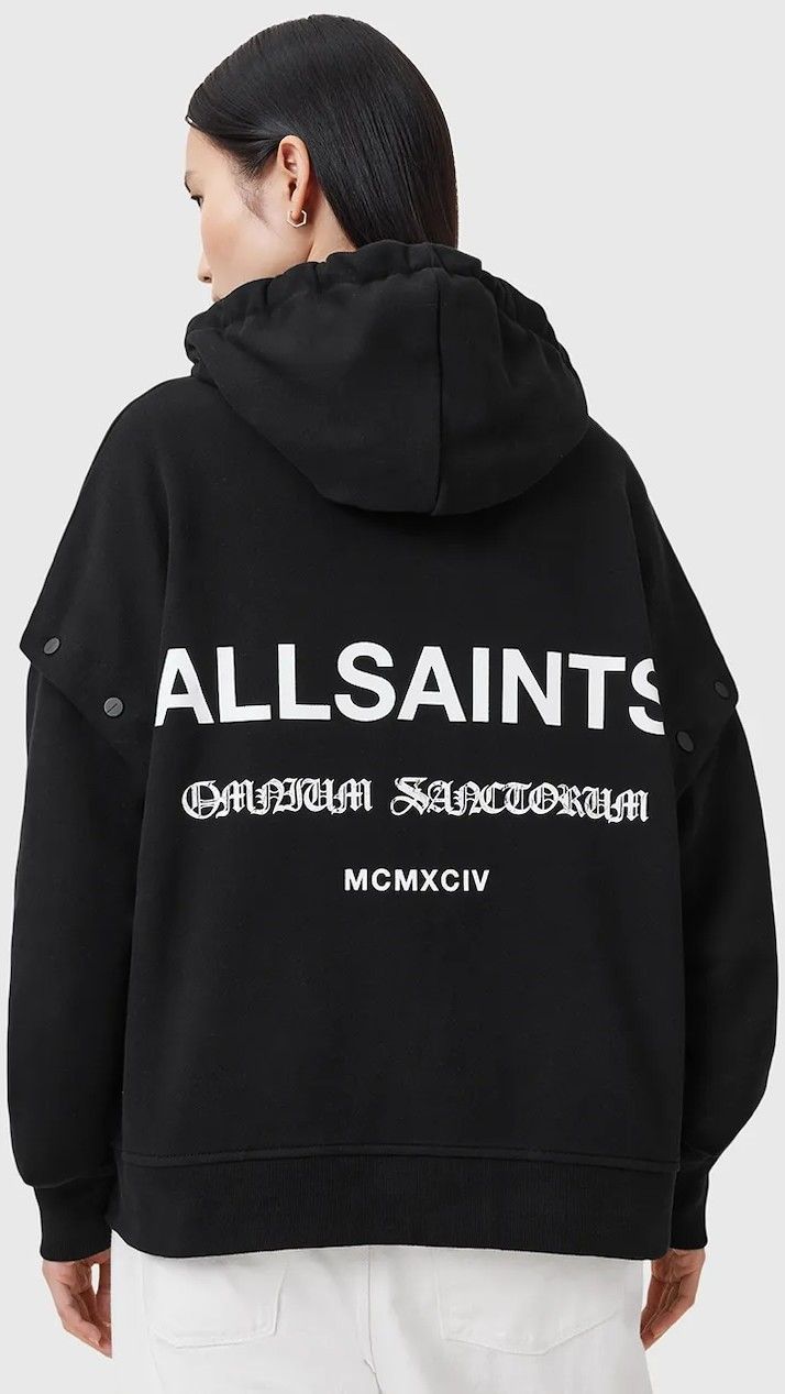 Bavlnená mikina AllSaints OMNIUM čierna farba, s kapucňou, jednofarebná, W268JB