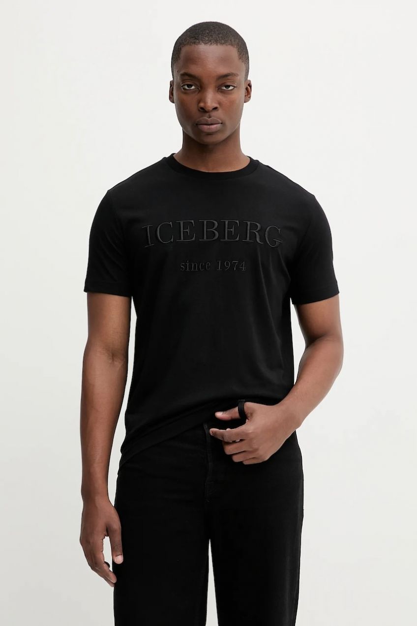 Bavlnené tričko Iceberg pánske, čierna farba, s nášivkou