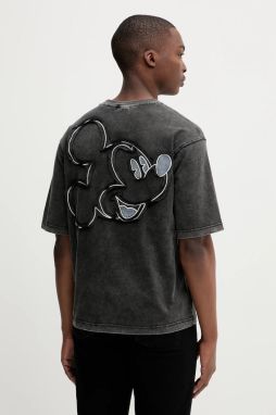 Bavlnené tričko Desigual CARDIFF MICKEY pánske, šedá farba, s nášivkou, 25WMTK23