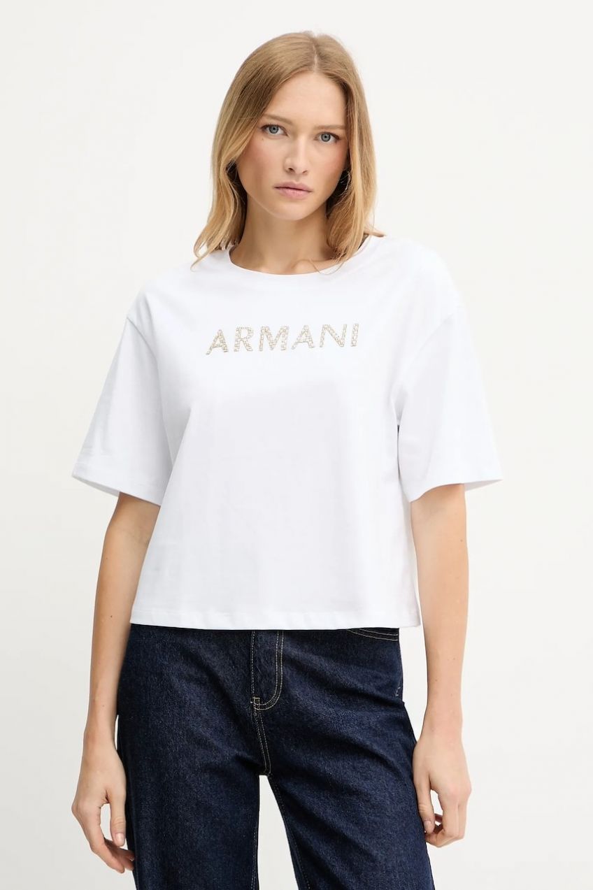 Bavlnené tričko Armani Exchange dámske, biela farba, XW001364 AF15085