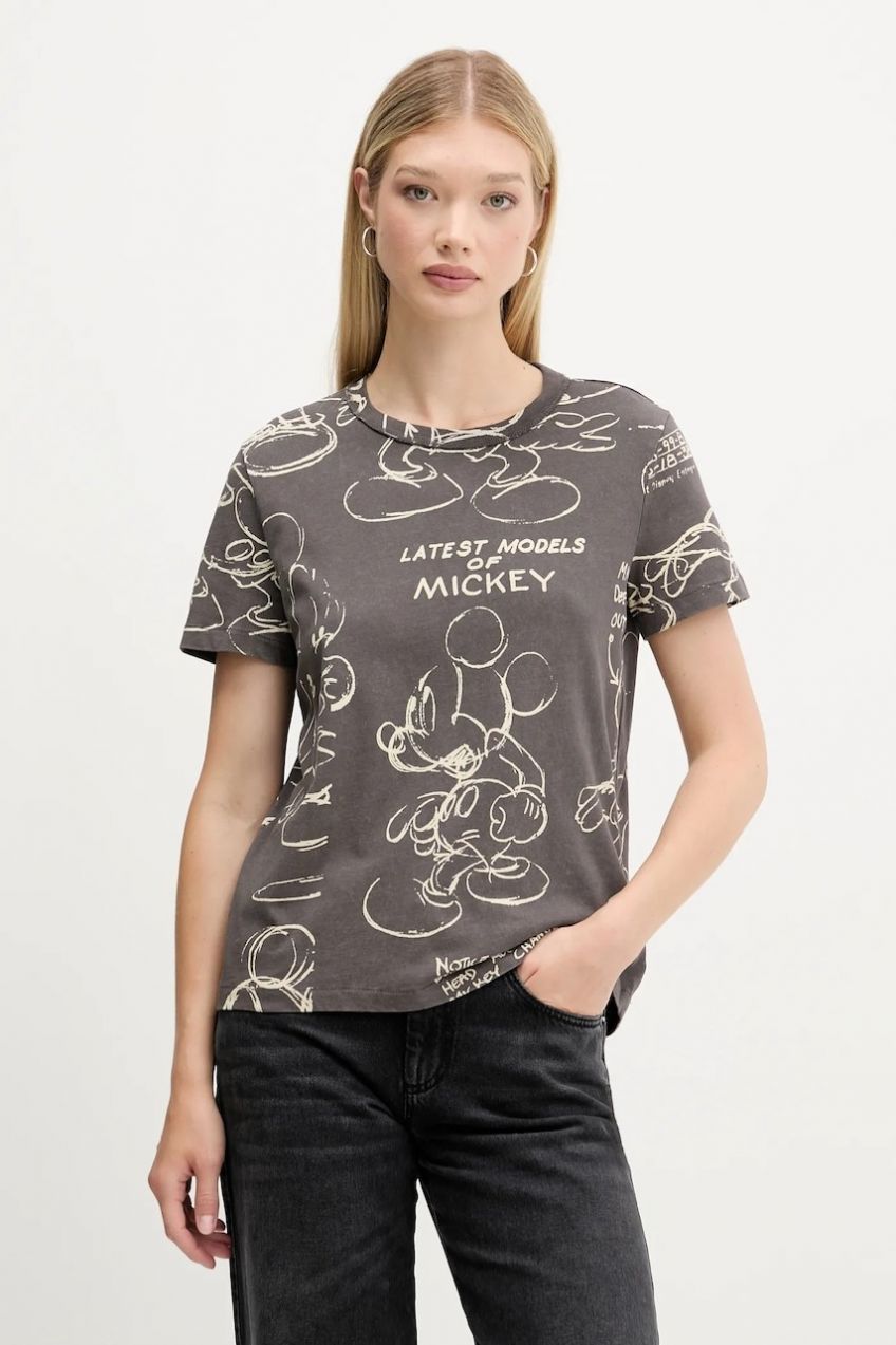 Bavlnené tričko Desigual MICKEY SKETCH dámske, šedá farba, 25WWTK03