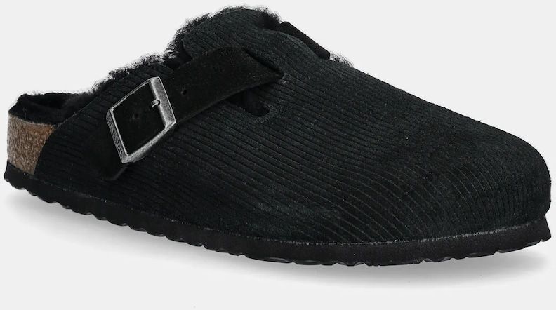 Semišové šľapky Birkenstock Boston Corduroy Shearling dámske, čierna farba, 1028400
